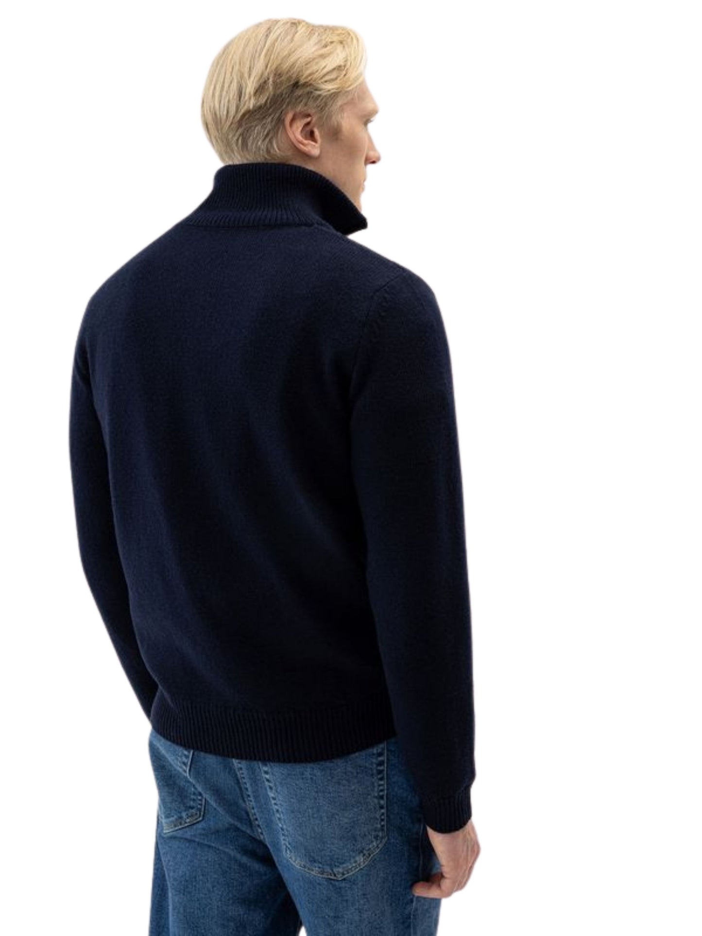 ALVIN NAVY MERINO CASHMERE BLEND WINDPROOF QUARTER ZIP TURTLENECK JUMPER