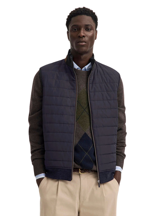 NAVY GILET WITH QUILTED FRONT AND FULL ZIP