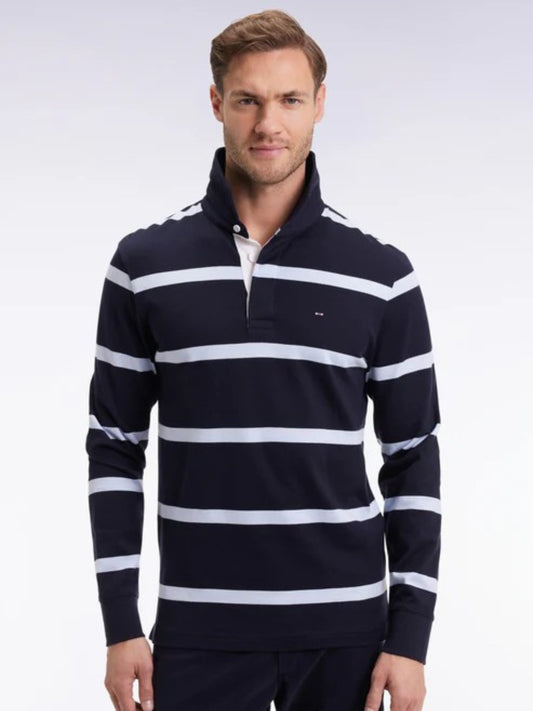 NAVY AND PALE BLUE STRIPED LONG SLEEVE POLO