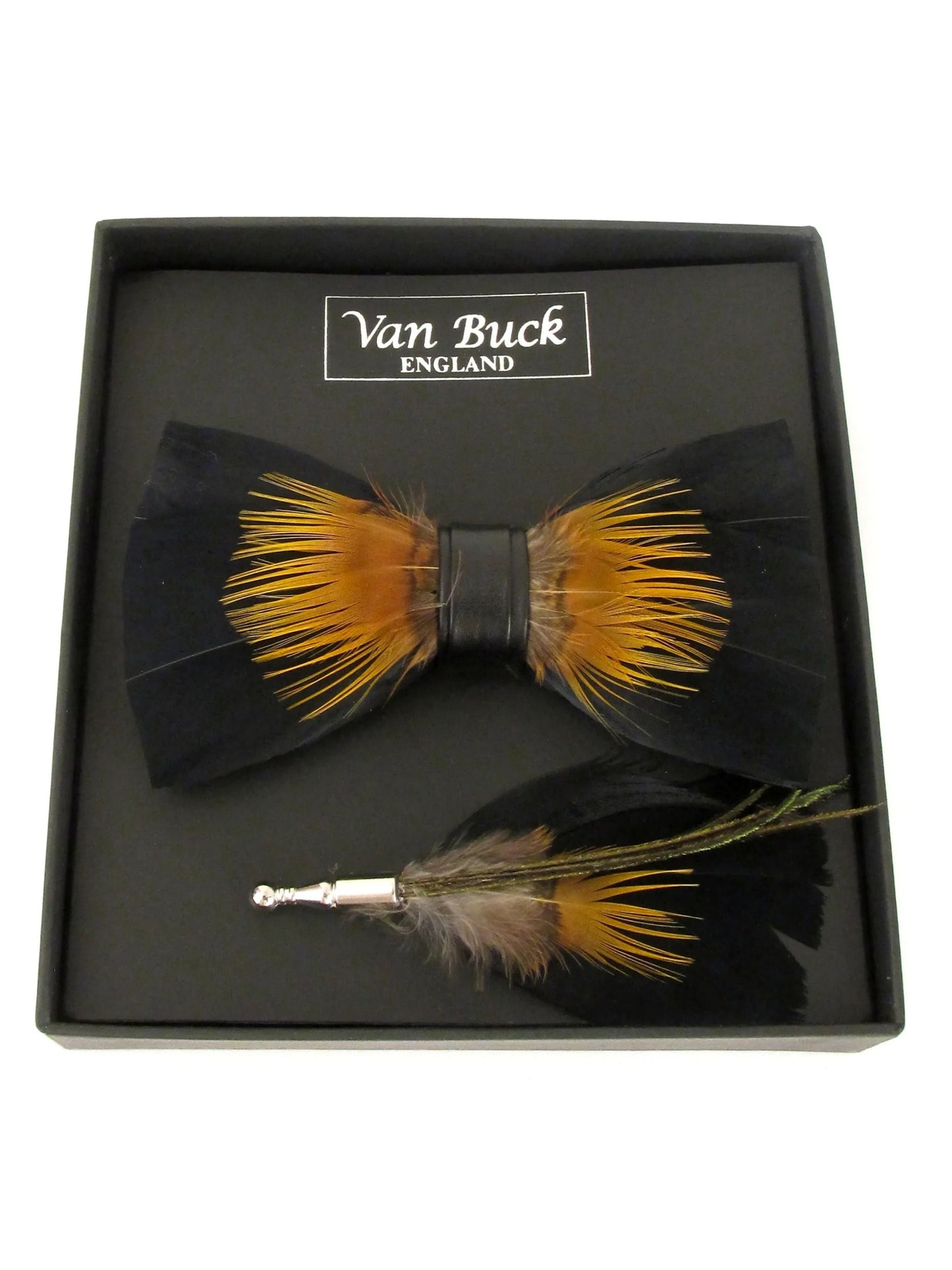 BLACK WITH GOLD AND BROWN FEATHER BOW TIE & LAPEL PIN SET
