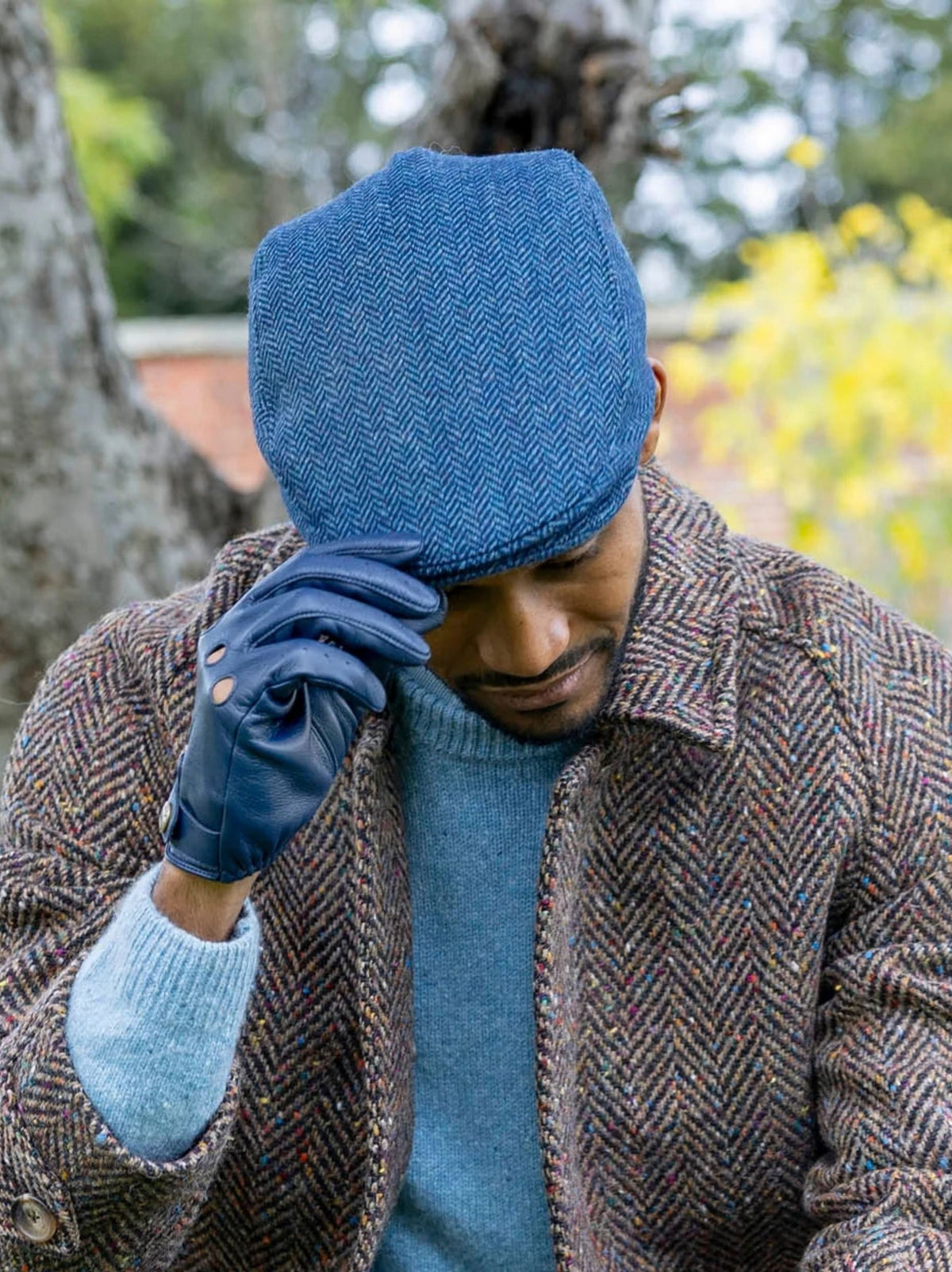 DENTS NAVY HERRINGBONE TWEED FLAT CAP