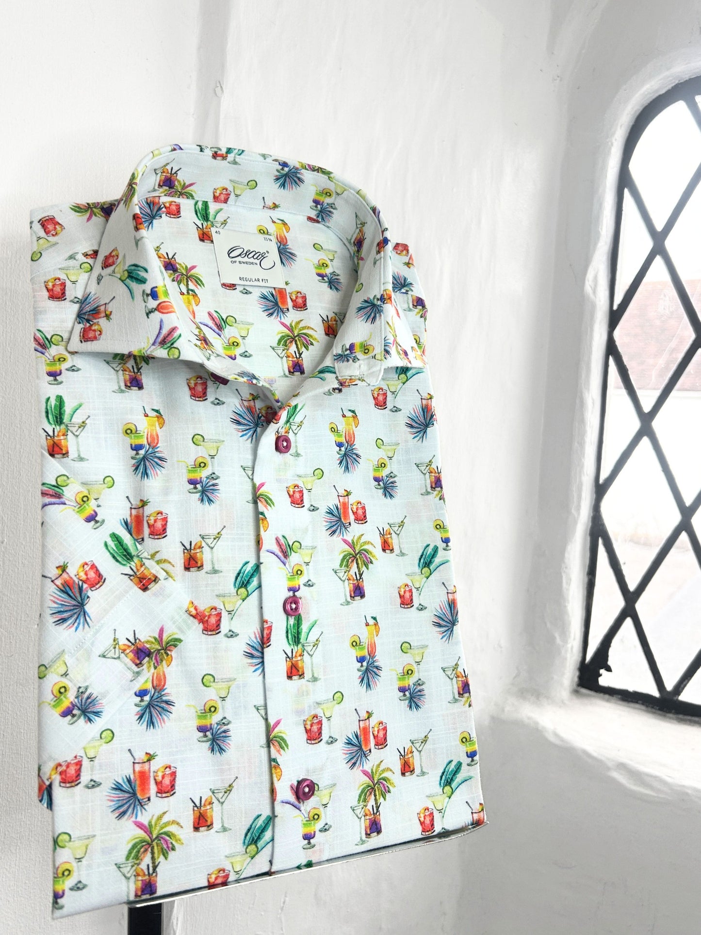 OSCAR COCKTAIL PRINT LINEN BLEND SHORT SLEEVE SHIRT