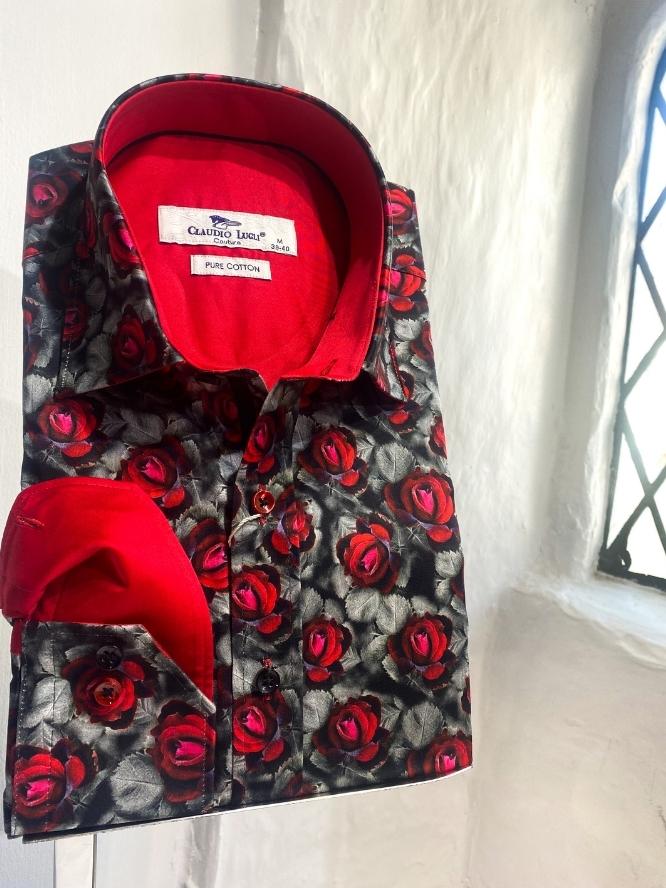 Red Rose Pattern Black Shirt