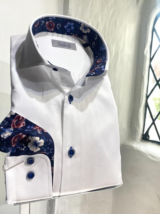 White Shirt With Navy Floral Trim