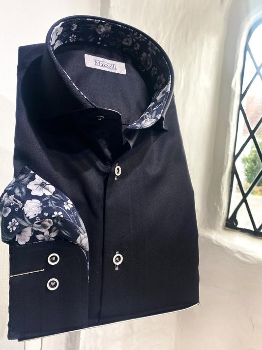 Black Shirt With Navy Floral Trim